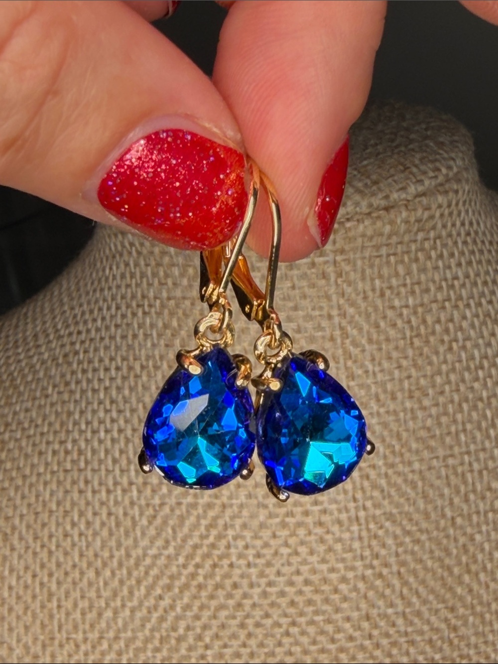 Gold Drop Earrings with Blue Teardrop Stones